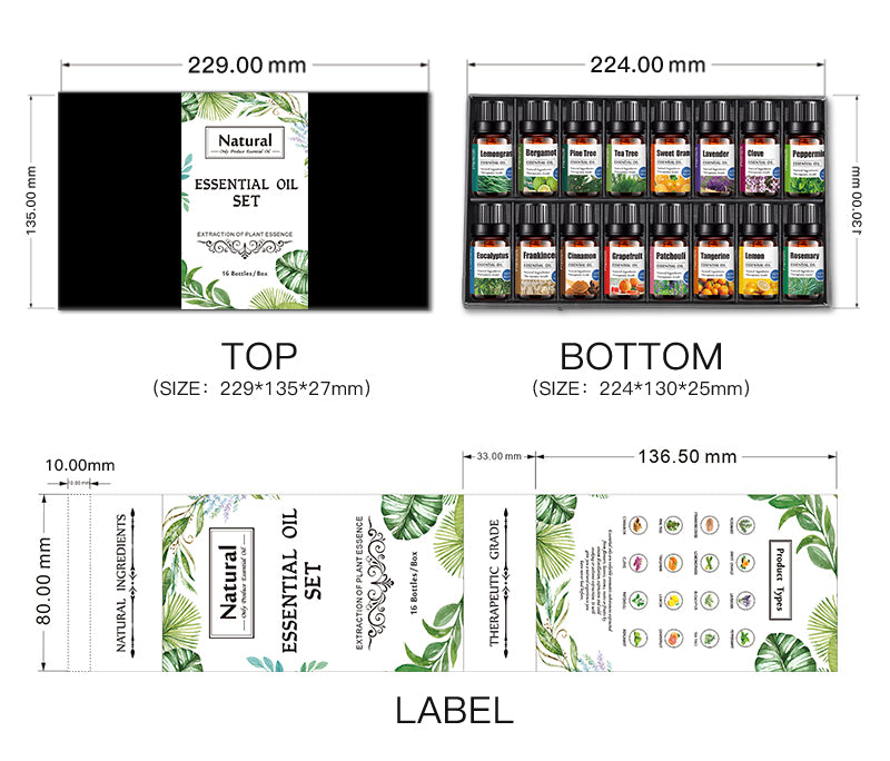 OEM & ODM 16 Pieces Lemon, Bergamot, Clove, Cinnamon, Patchouli, Tangerine, Grapefruit, Rosemary, Tangerine, Pine Tree, Lavender, Peppermint, Tea Tree, Sweet Orange, Frankincense, Lemongrass Essential Oil Set with Personal Label 080