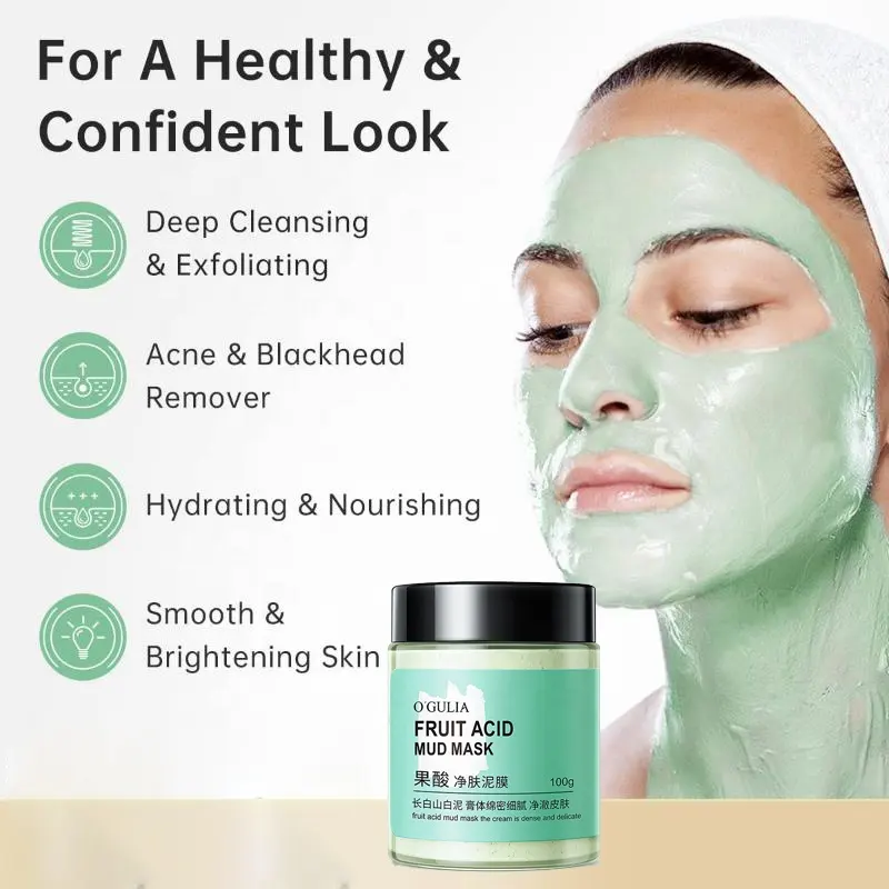 Private Label 100g Fruit Acid Cleansing Mud Mask Acne Blackhead Pore Purifying Treatment Facial Clay Mask 1040