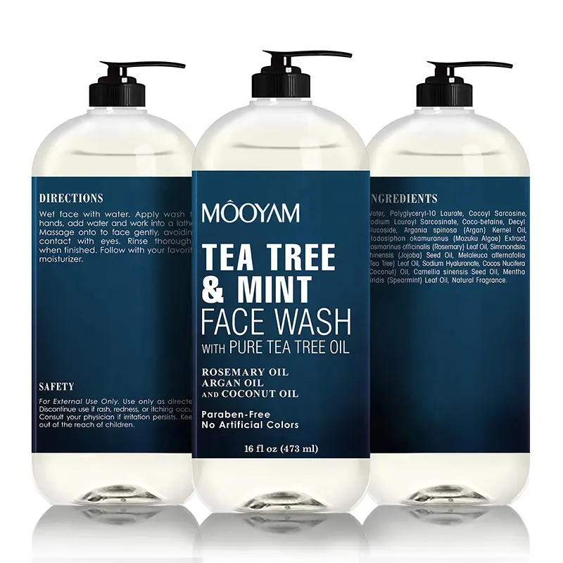 Pure Tea Tree Oil Face Wash Cleanser Acne Fighting Hydrating Liquid Face Soap Customized Own Logo Tea Tree Face Wash With Mint 1056