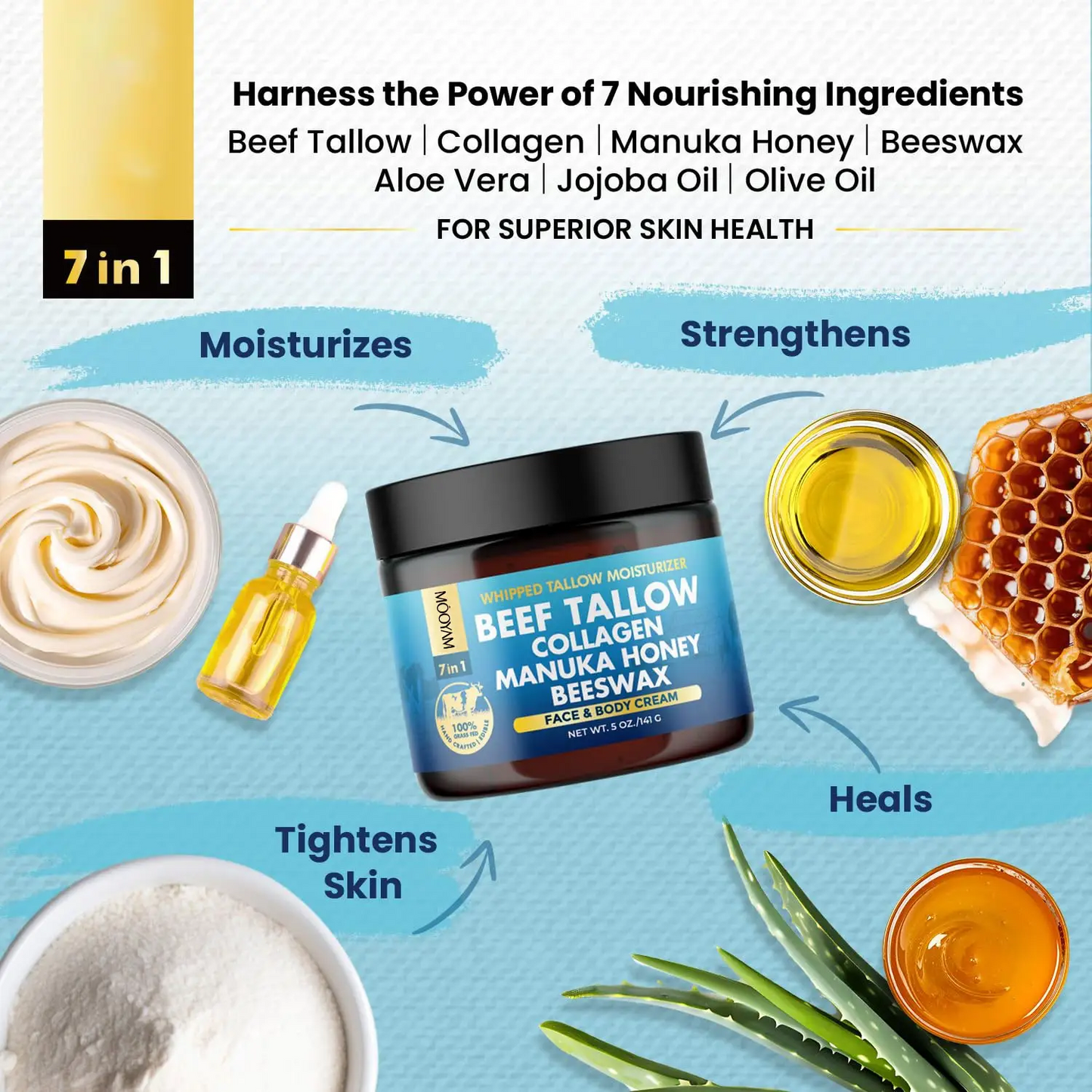 OEM ODM Beef Tallow Natural Moisturizer Fed Beef Tallow Balm with Manuka Honey, Aloe Vera, Jojoba Oil, Olive Oil, Beeswax 1079