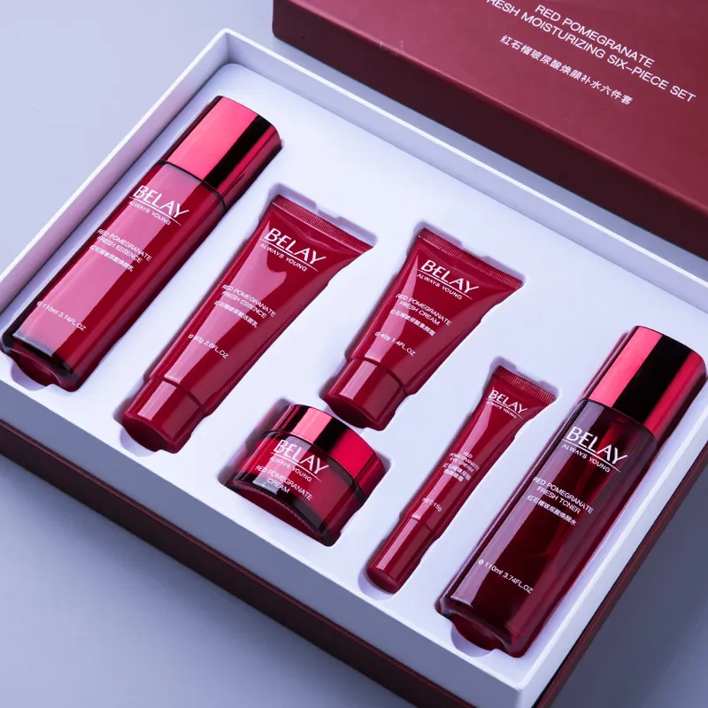 red pomegranate fresh hydrating whitening 6pcs set gift box plant nourishing moisturizing beauty skin care facial set 1124