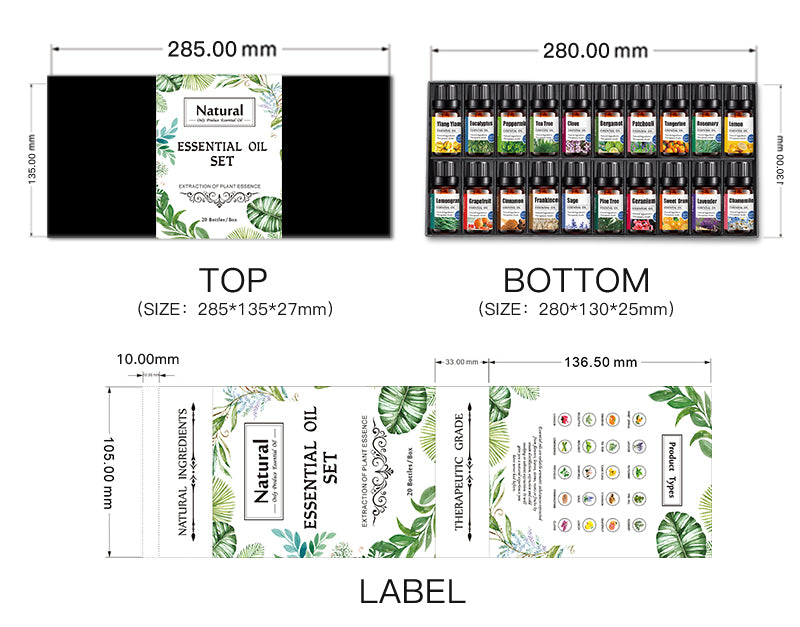 OEM & ODM 20 Pieces Ylang Ylang, Lemon, Bergamot, Sage, Geranium, Clove, Cinnamon, Patchouli, Tangerine, Grapefruit, Rosemary, Tangerine, Pine Tree, Lavender, Peppermint, Tea Tree, Sweet Orange, Frankincense, Lemongrass, Chamomile Essential Oil Set 081