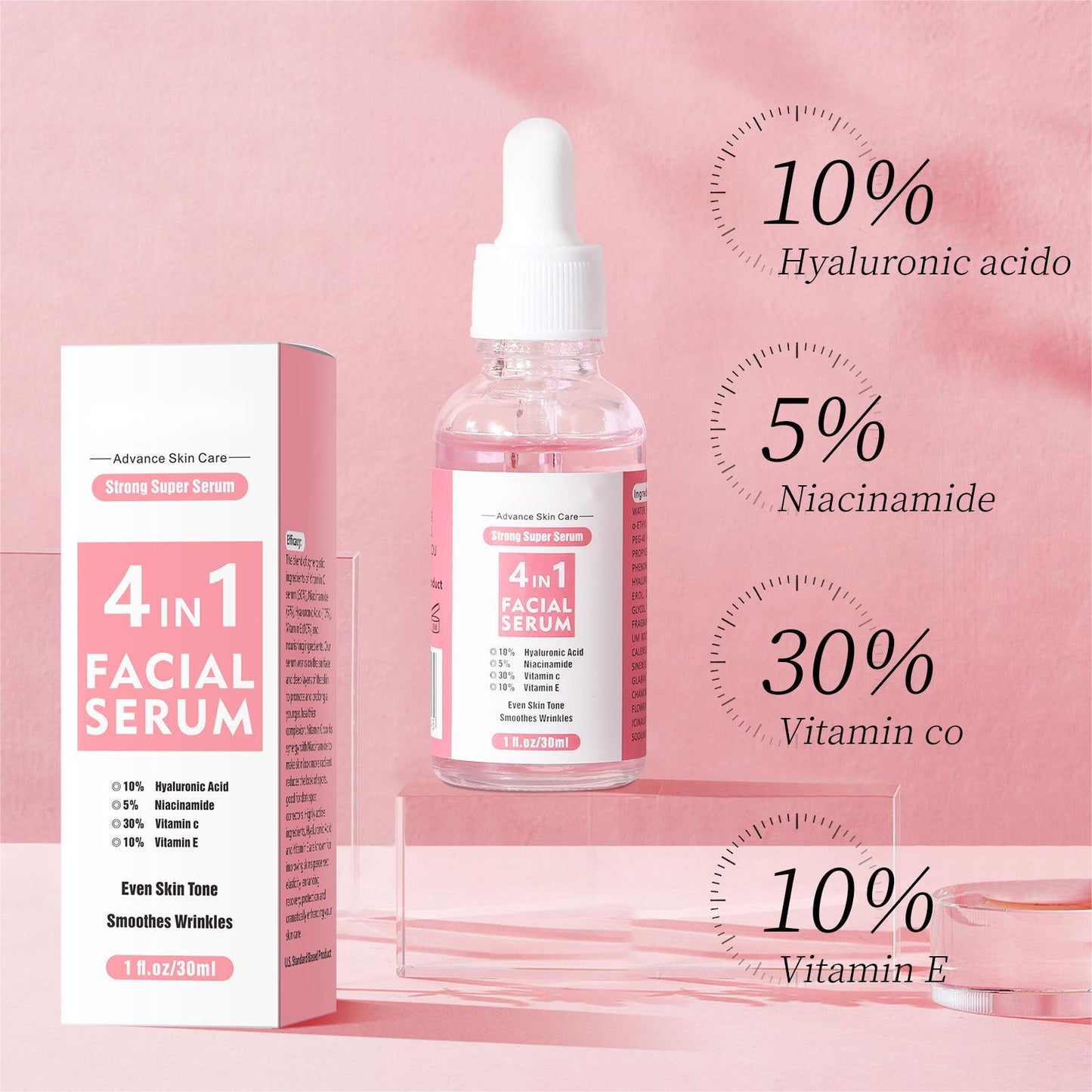 OEM Customized 4 In 1 Facial Essence, Hyaluronic Acid, Niacinamide, Vitamin C, Vitamin E Serum 277