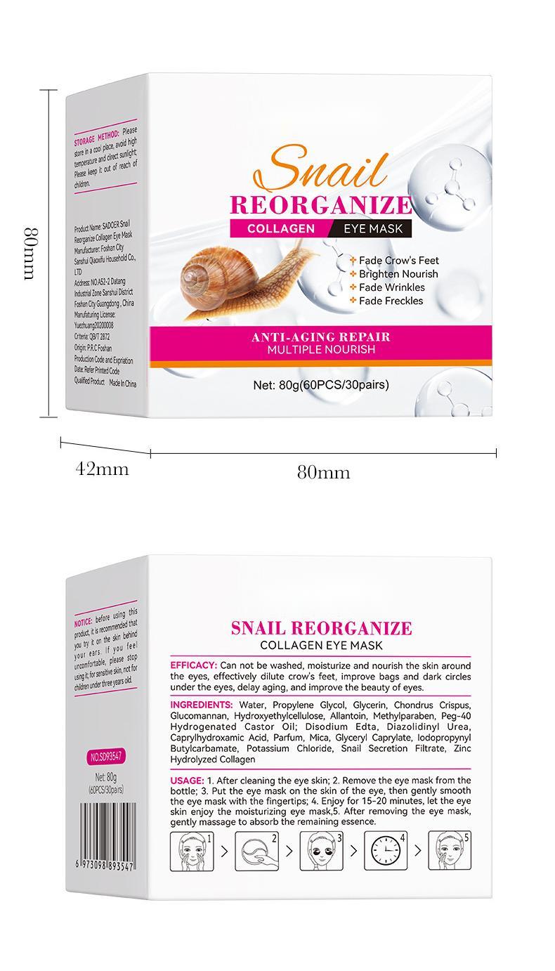 Wholesale Snail Reorganize Collagen Eye Mask, Anti-aging Repair Multiple Nourish Eye Masks Supplier 537