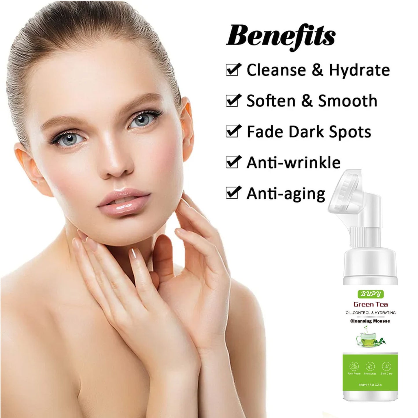 OEM Green Tea Facial Cleanser Mousse, Foam, Makeup Remover, Amino Acid Facial Cleanser Customization 322