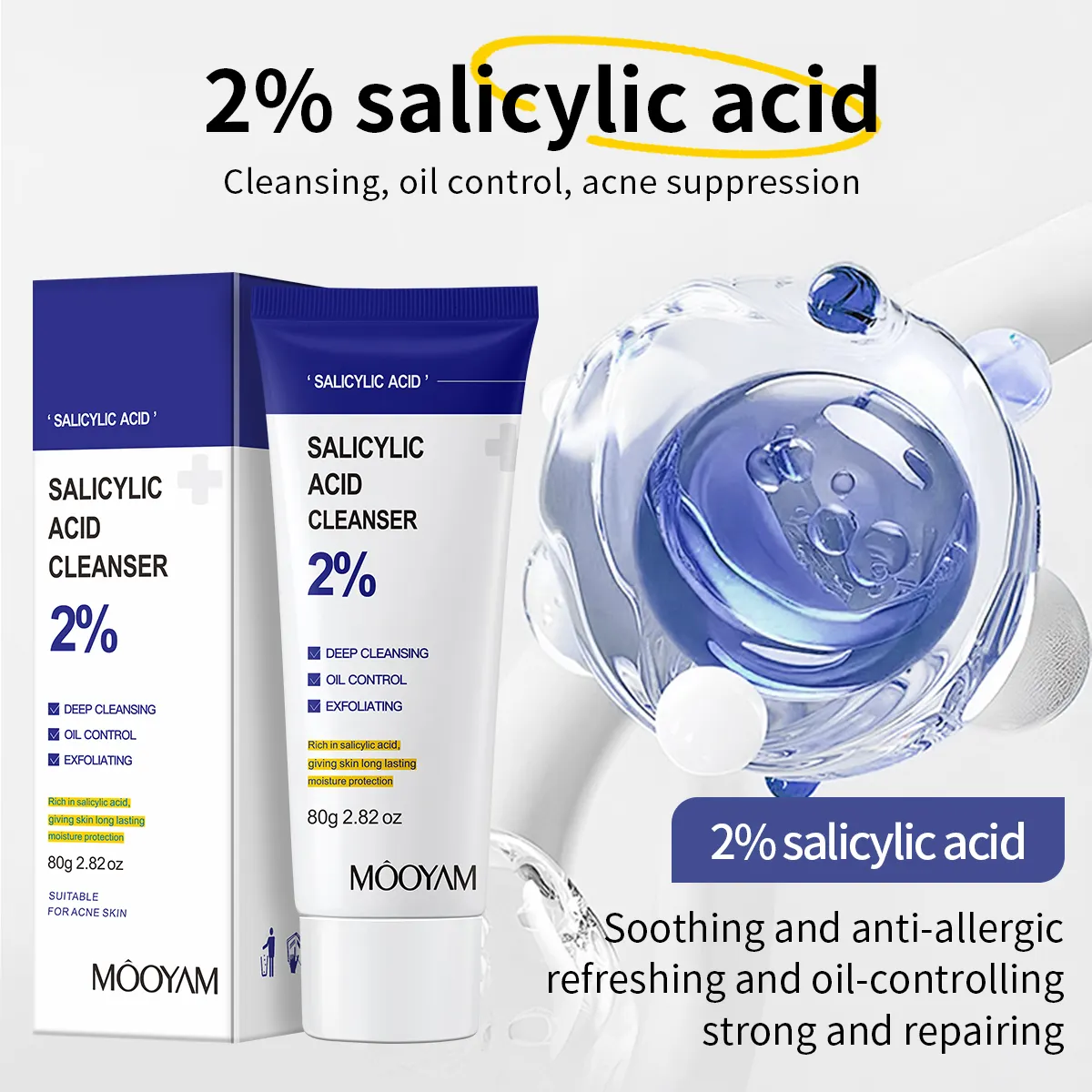 OEM Customized Organic Salicylic Acid Face Wash Exfoliant Blackheads Wrinkles Anti Acne Skin Care Facial Cleanser 596