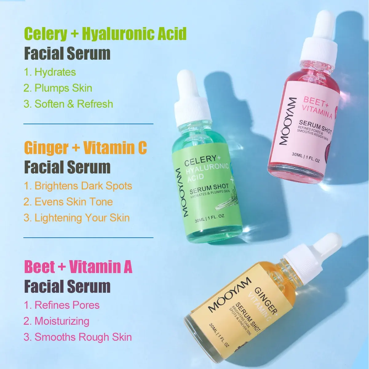 Wholesale Private Label Celery Hyaluronic Acid Serum Beet Vitamin A Face Serum Ginger Vitamin C Facial Serum 920