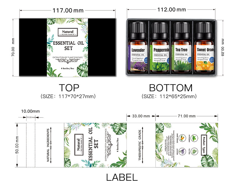 OEM & ODM 4 Pieces Lavender, Peppermint, Tea Tree, Sweet Orange Essential Oil Set with Personal Label 076