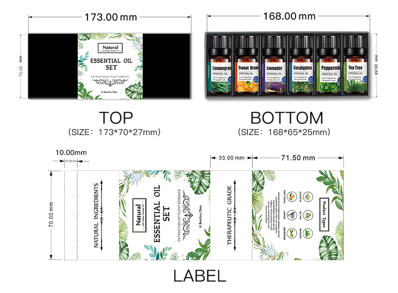 OEM & ODM 6 Pieces Lavender, Peppermint, Tea Tree, Sweet Orange, Eucalyptus, Lemongrass Essential Oil Set with Personal Label 077