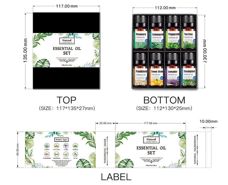 OEM & ODM 8 Pieces Rosemary, Lavender, Peppermint, Tea Tree, Sweet Orange, Frankincense, Lemongrass, Eucalyptus Essential Oil Set with Personal Label 078