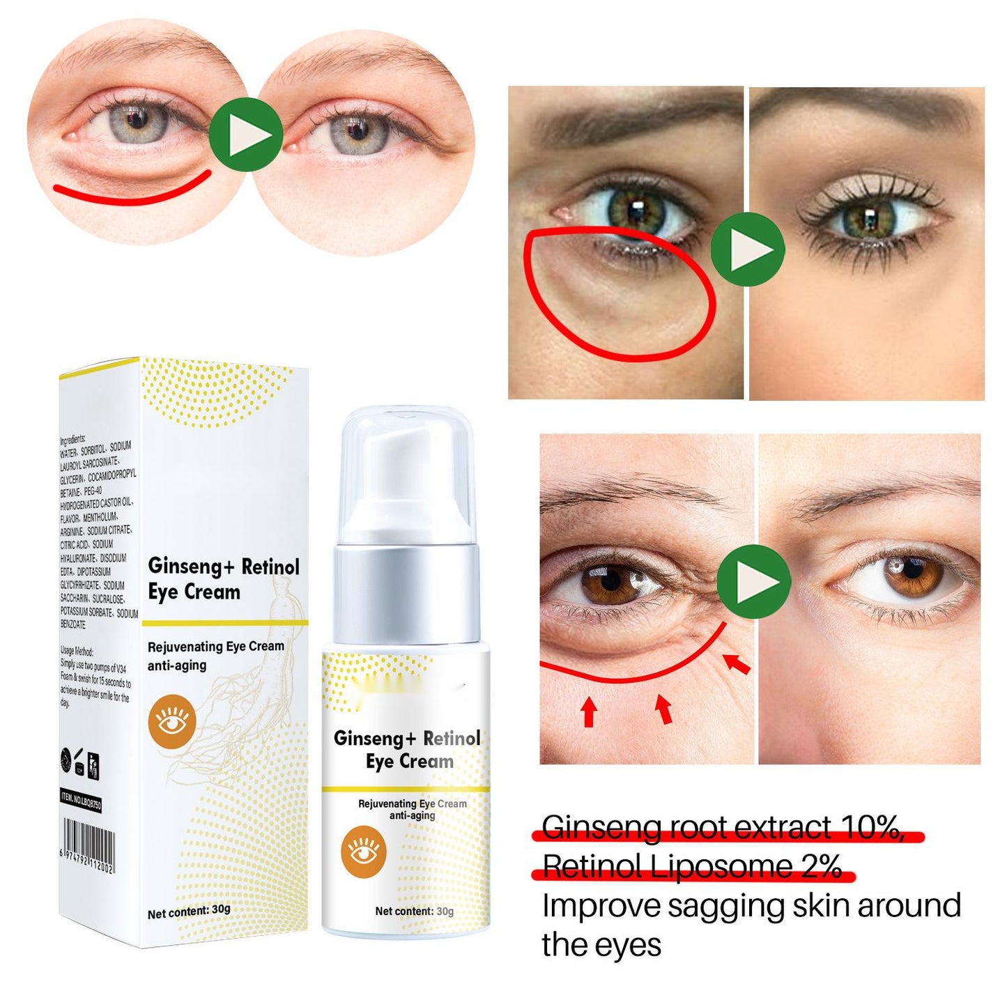 Wholesale Ginseng Retinol Eye Cream, Improves Dark Circles, Reduces Fine Lines and Wrinkles 422